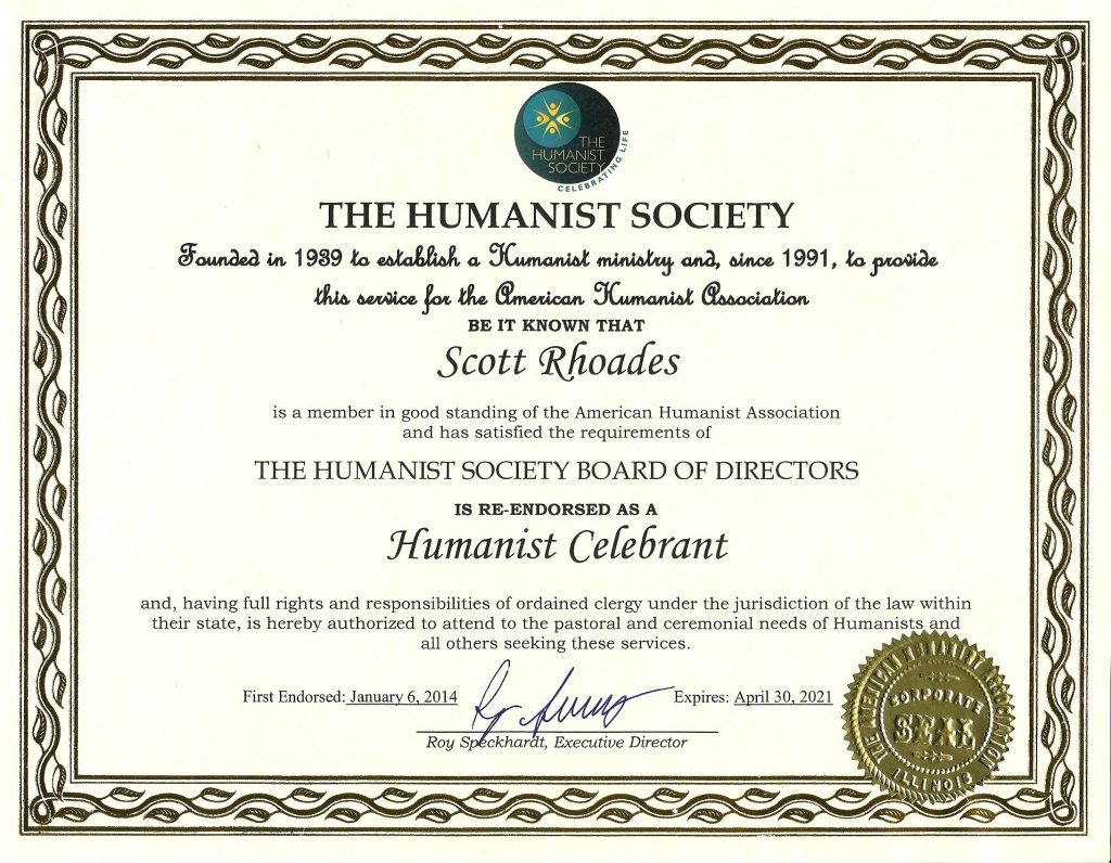 Humanist Society Celebrancy Certificate- expires 4-30-21